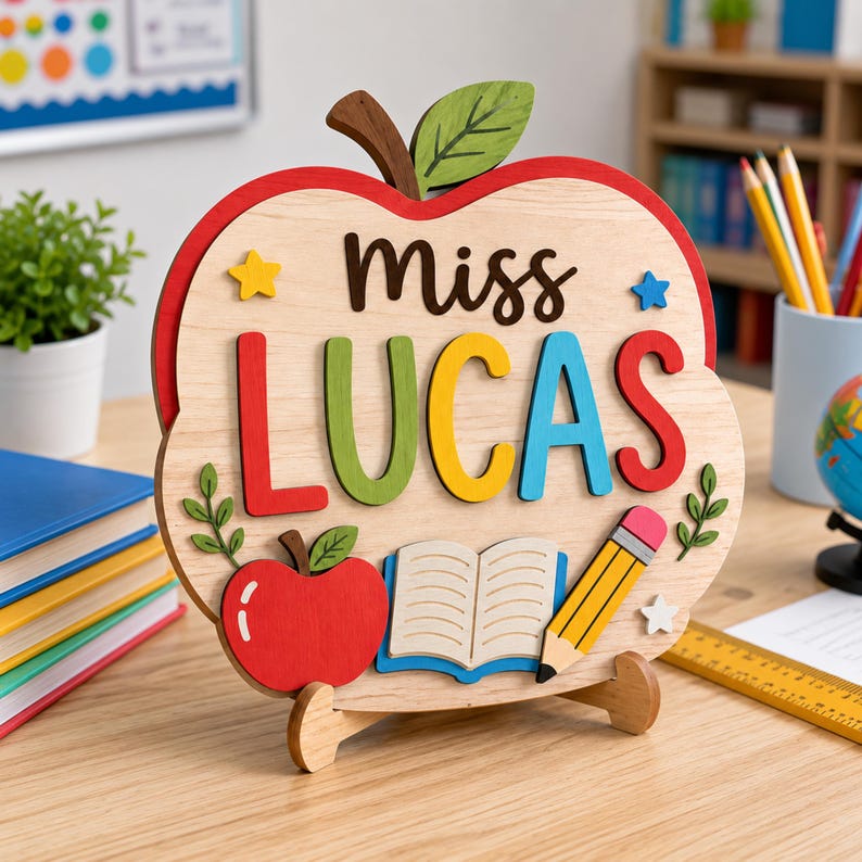 Personalized Apple Teacher Name Sign \| Custom Classroom Decor, Desk Plaque