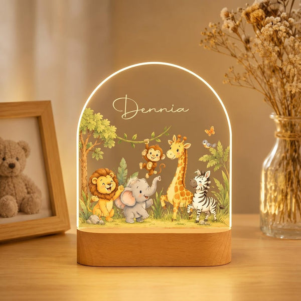 Safari Nursery Night Light, Personalized Jungle Animal LED Lamp for Kids Room