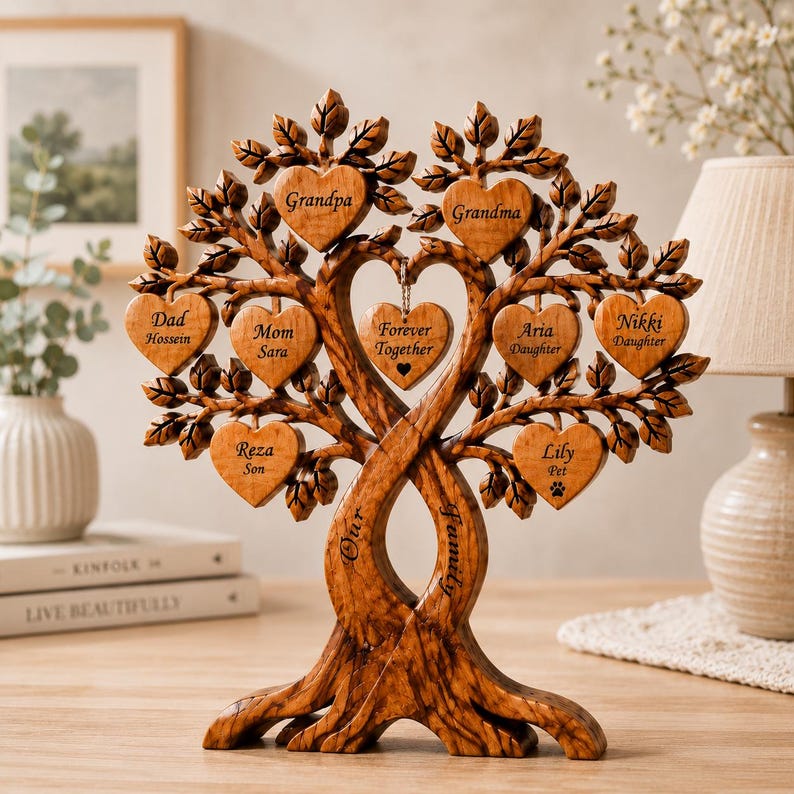 Personalized Family Wooden Block, Custom Heart Names Sign, Tree Decor