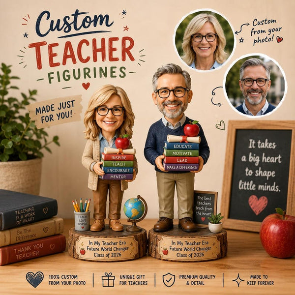 Custom Teacher Figurine – Personalized Photo Keepsake, Wooden Gnome Decor