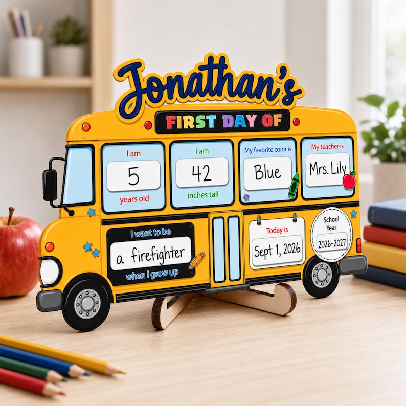Personalized School Bus First Day Sign, Custom Photo Prop, Kids Back to School Board