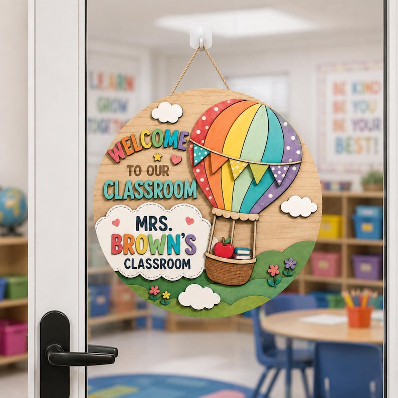 Personalized Hot Air Balloon Classroom Sign, Custom Teacher Door Decor, Back to School Welcome