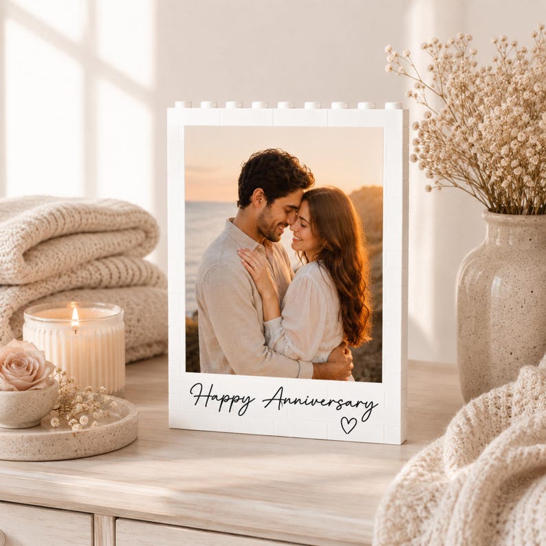 Personalized Anniversary Gift, Custom Couple Photo Building Block Frame, Romantic Gift For Husband Wife