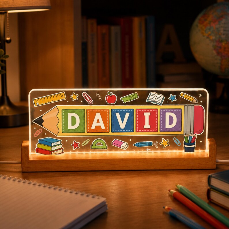 Personalized Pencil Name Lamp, Custom Back to School Night Light, Kids Desk Lamp