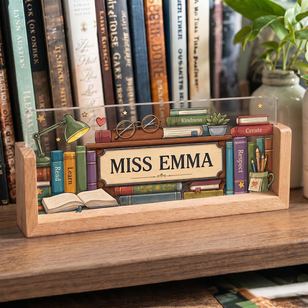 Personalized Teacher Name Lamp, Bookshelf Library Decor, Custom Wooden LED Light