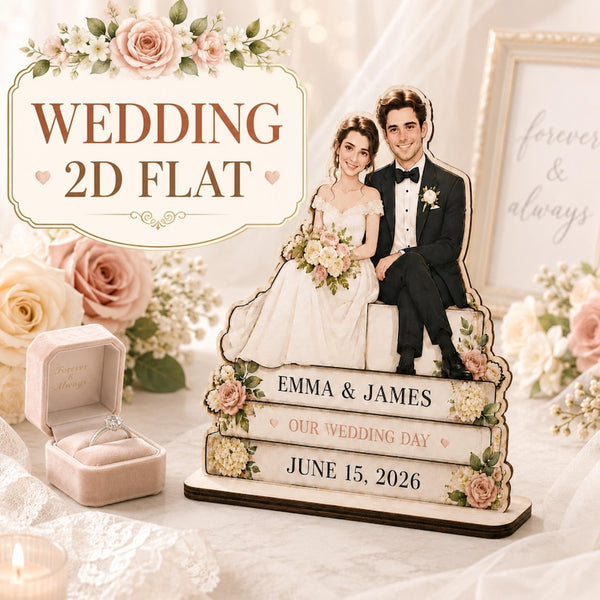 Personalized Wedding Portrait, Custom Bride and Groom 2D Flat Wooden Stand, Couple Wedding Keepsake