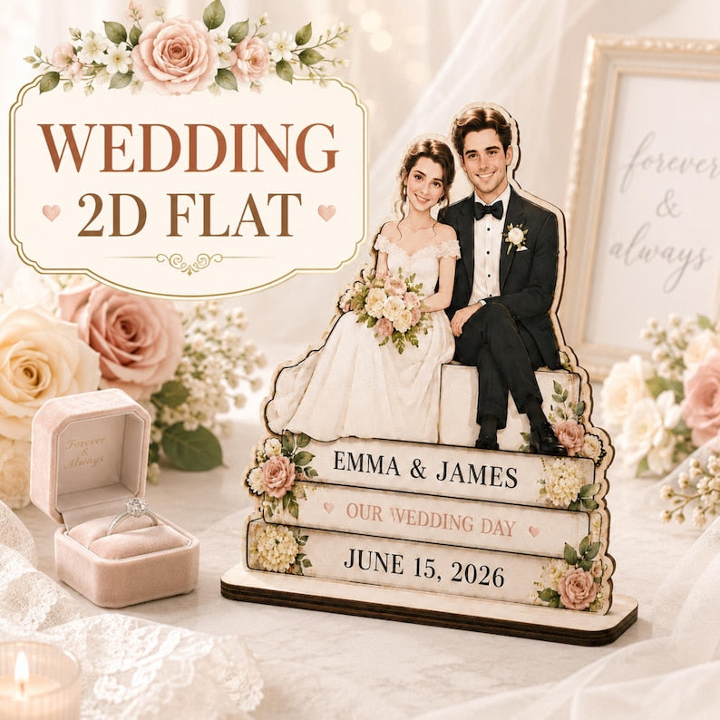 Personalized Wedding Portrait, Custom Bride and Groom 2D Flat Wooden Stand, Couple Wedding Keepsake