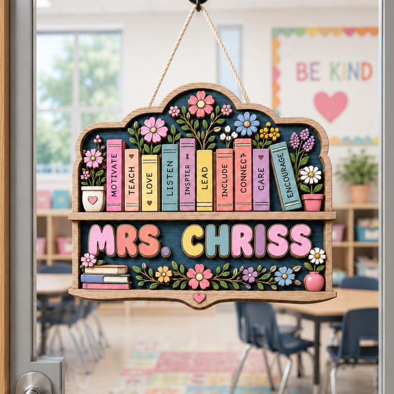 Personalized Floral Teacher Door Sign, Book Lover Classroom Plaque, Custom Name Decor