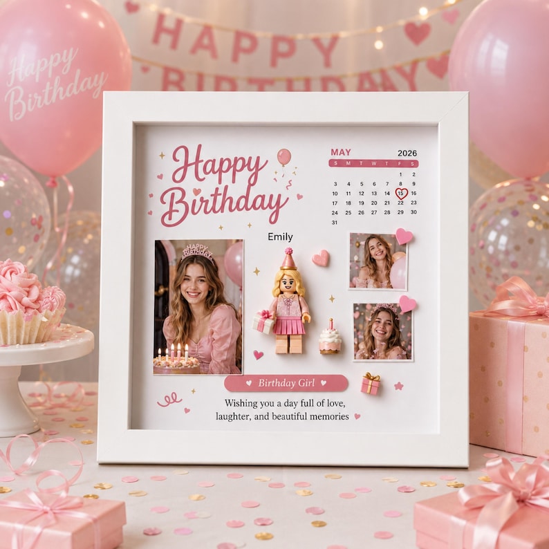 Personalized Birthday Photo Frame, Custom Name Date Keepsake, Pink Celebration Decor