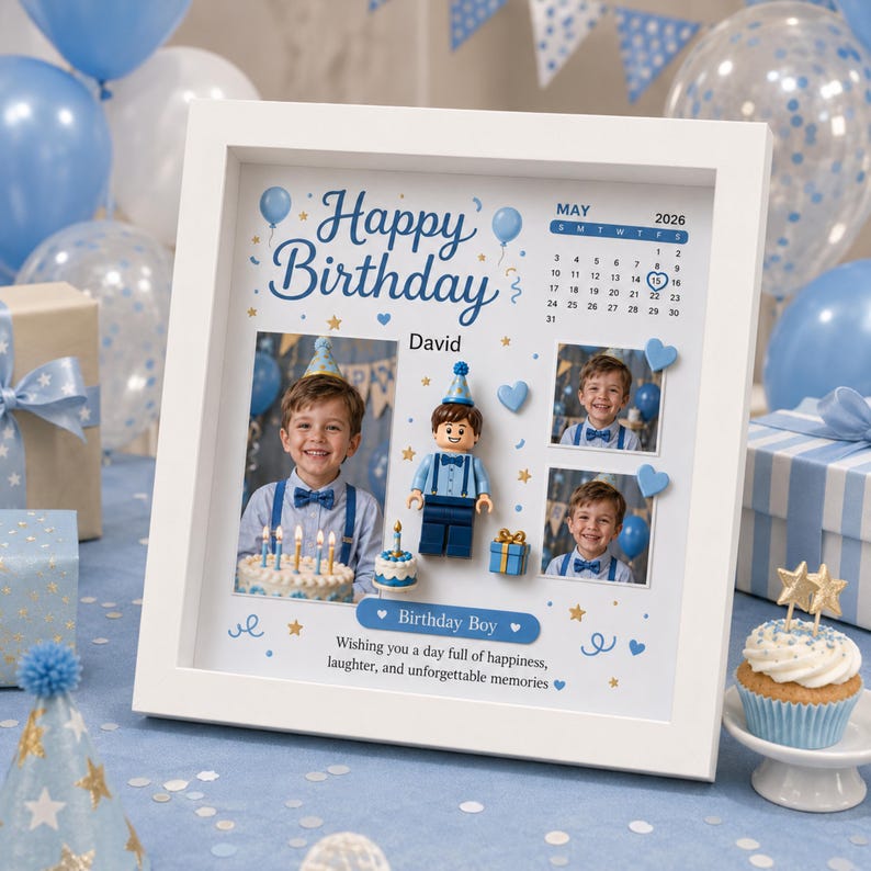 Personalized Birthday Boy Photo Collage Frame, Custom Calendar Keepsake, Blue Celebration Decor