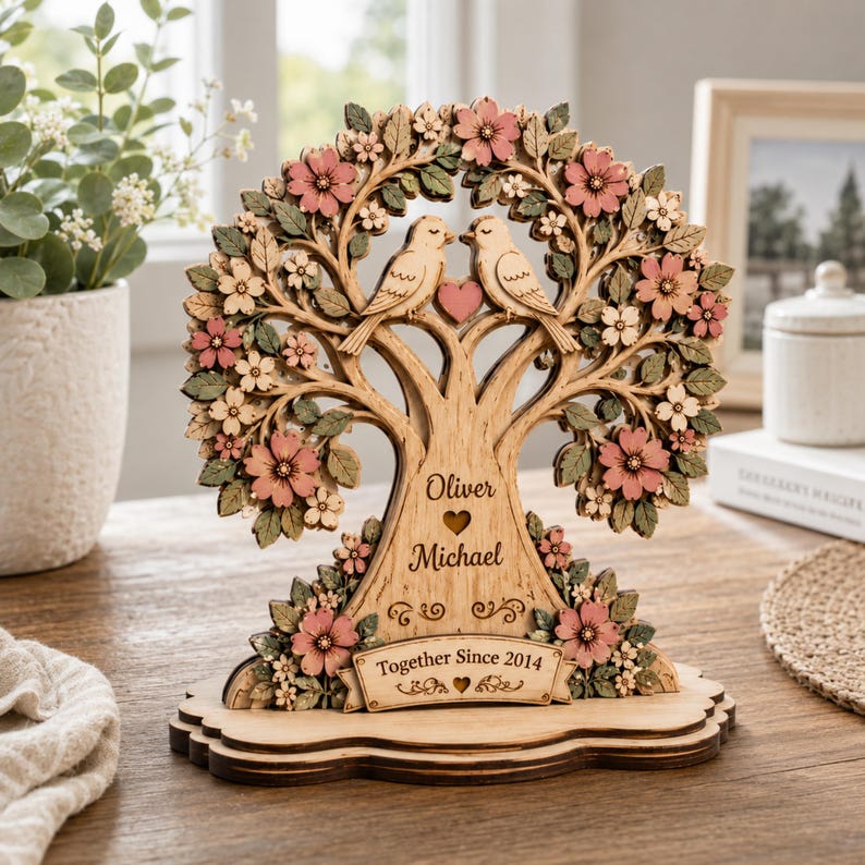 Personalized Anniversary Tree, Our Journey Timeline Wooden Sign, Custom Couple Love Birds Keepsake