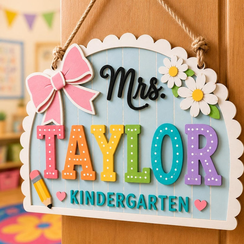 Personalized Teacher Door Sign, Custom Classroom Name Sign, Kindergarten Door Hanger, Back to School Teacher Gift