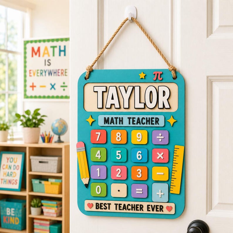 Personalized Math Teacher Door Sign, Calculator Classroom Decor, Name Sign