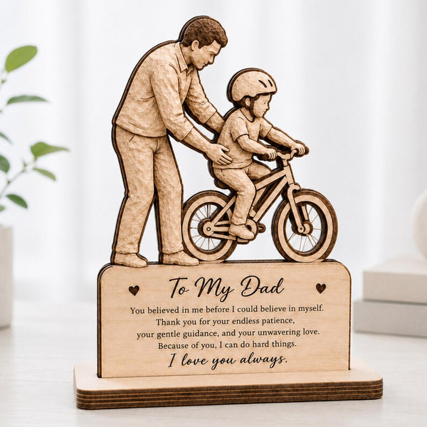 Father Child Bike Riding Wooden Block Keepsake, Dad Teaching Ride Decor