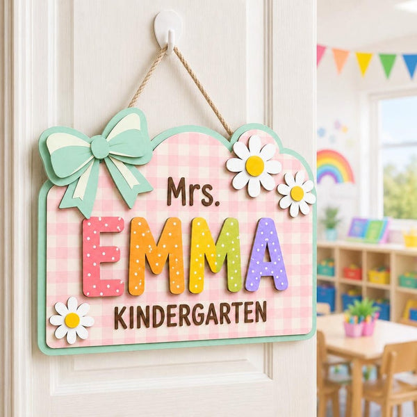 Personalized Teacher Door Sign, Custom Kindergarten Classroom Sign, Pastel Daisy Name Sign, Teacher Appreciation Gift