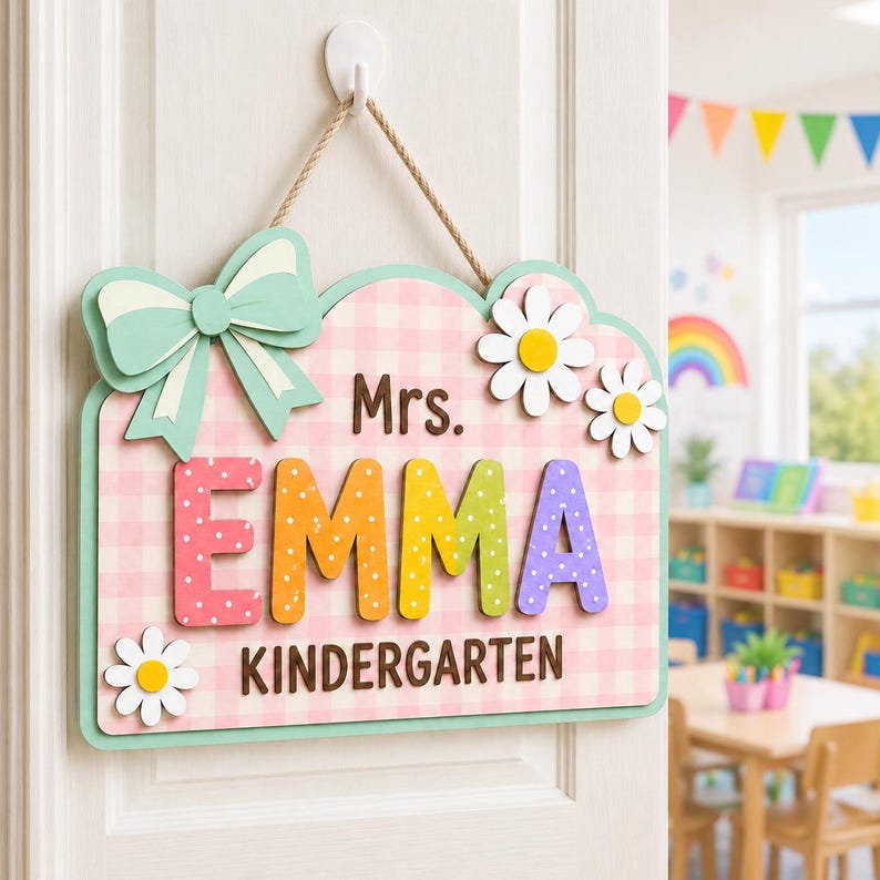 Personalized Teacher Door Sign, Custom Kindergarten Classroom Sign, Pastel Daisy Name Sign, Teacher Appreciation Gift