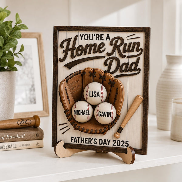 Personalized Baseball Home Run Dad Wooden Plaque, Custom Kids Names Sign, Father's Day 2025