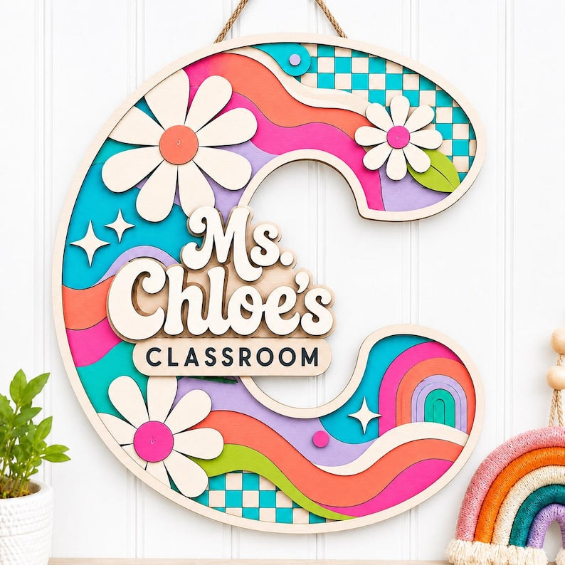 Personalized Classroom Door Sign, Custom Teacher Initial Sign, Retro Floral Wood Letter Sign, Teacher Name Decor
