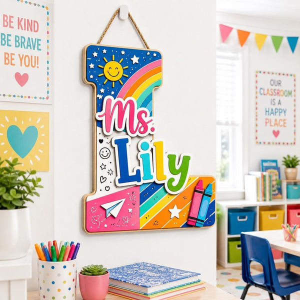 Personalized Teacher Letter Sign, Custom Classroom Door Hanger, Rainbow Name Sign, Back to School Teacher Gift