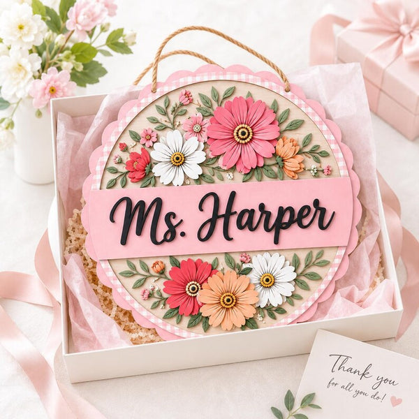 Personalized Teacher Door Sign, Pink Floral Classroom Name Sign, Custom Wood Teacher Plaque, Back to School Gift