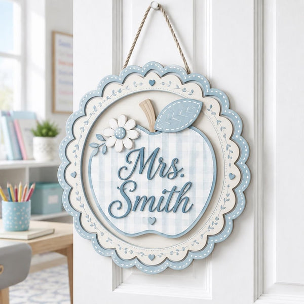 Personalized Teacher Door Sign, Custom Apple Classroom Sign, Teacher Name Door Hanger, Back to School Gift