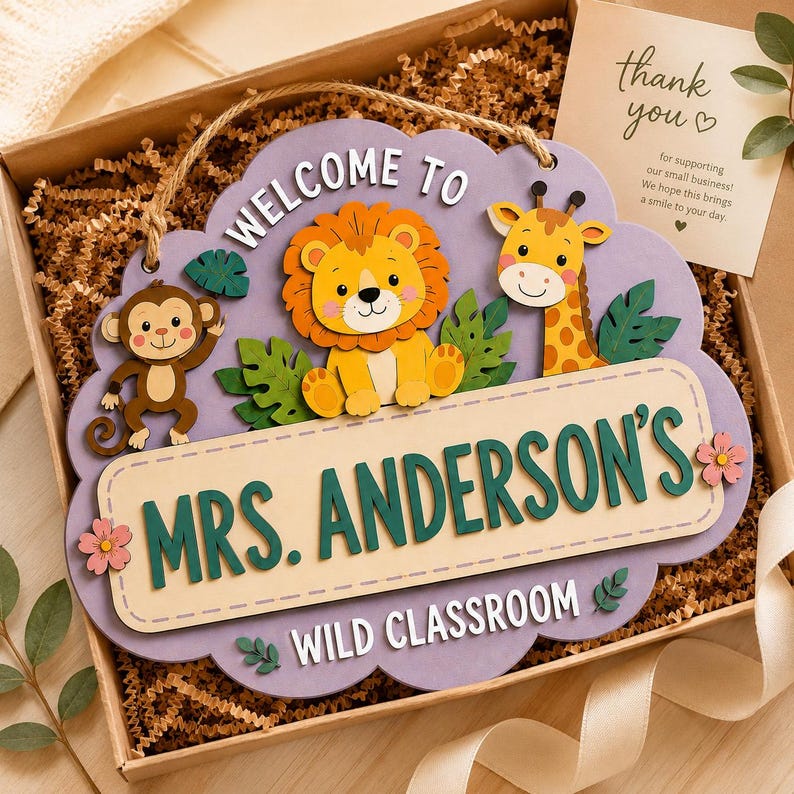 Personalized Jungle Safari Classroom Door Sign, Custom Teacher Name Welcome Decor