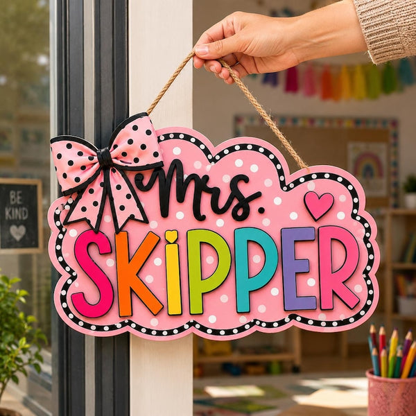 Personalized Teacher Classroom Door Sign, Pink Polka Dot Bow Decor