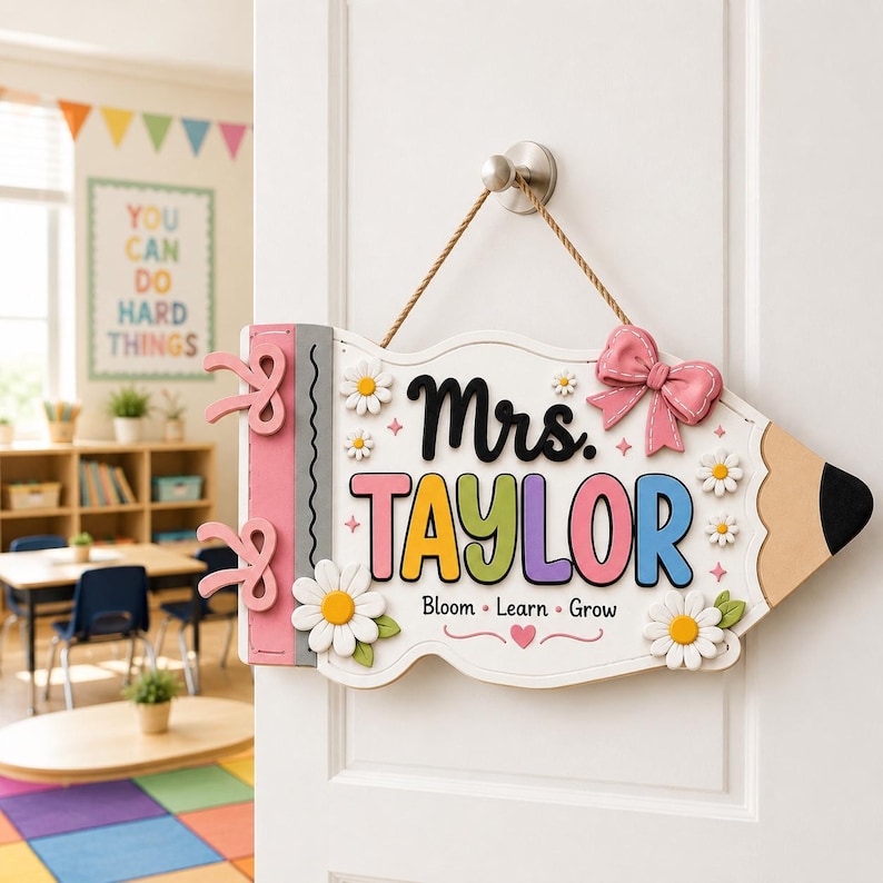 Personalized Gingham Pennant Teacher Door Sign, Back To School Classroom Decor, Teacher Welcome Sign With Name, New Teacher Gifts