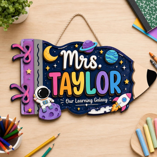Personalized Teacher Sign, Space Pencil Classroom Door Sign, Custom Teacher Name Sign, Galaxy Classroom Decor, Back To School Gift