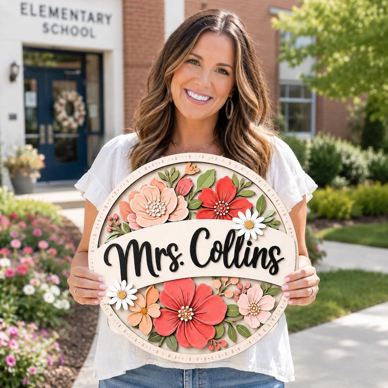 Personalized Teacher Door Sign, Floral Classroom Name Sign, Custom Wood Teacher Name Plaque, Teacher Appreciation Gift