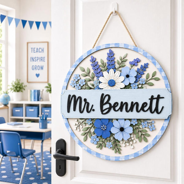 Personalized Teacher Door Sign, Blue Floral Classroom Name Sign, Custom Wood Teacher Plaque, Back to School Gift