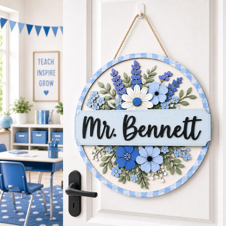Personalized Teacher Door Sign, Blue Floral Classroom Name Sign, Custom Wood Teacher Plaque, Back to School Gift