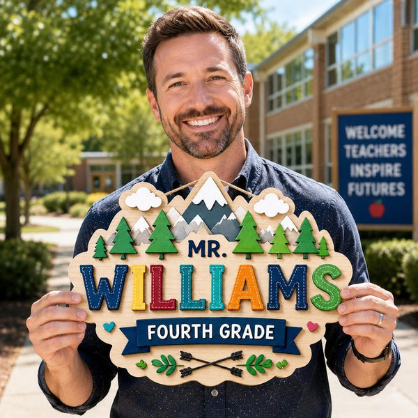 Personalized Teacher Door Sign, Custom Classroom Name Sign, Mountain Forest Teacher Gift, Back to School Decor