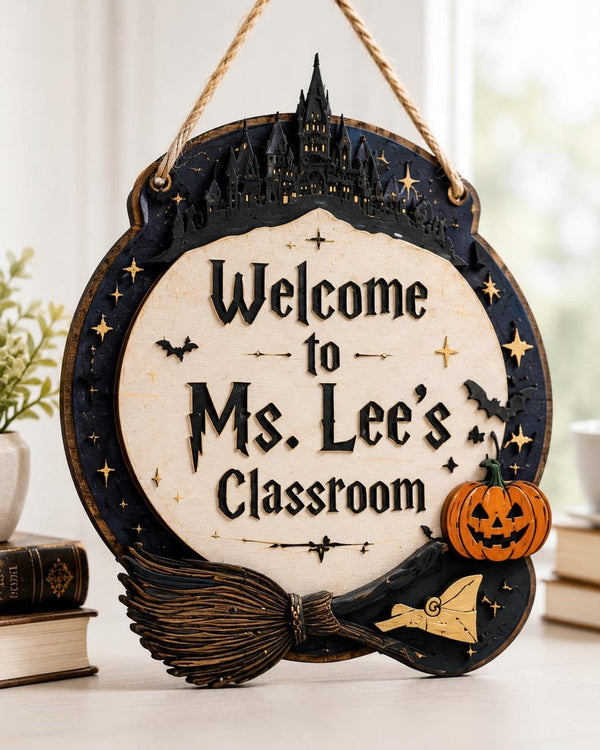 Personalized Witch Classroom Sign, Custom Teacher Door Hanger, Halloween Teacher Name Plaque, Wooden Classroom Decor
