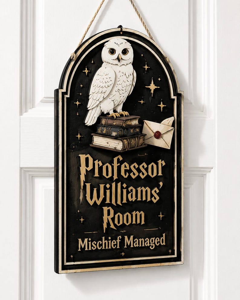 Personalized Wizard Teacher Name Sign, Magical Classroom Door Decor, Wooden Owl Bookshelf Art