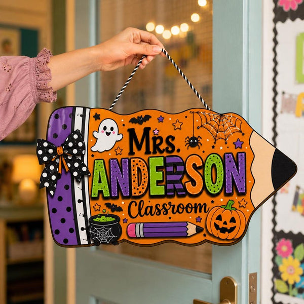 Personalized Halloween Classroom Door Hanger, Welcome To Our Classroom, Custom Teacher Wood Sign Decor