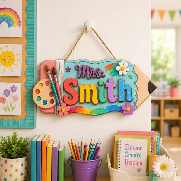 Personalized Pencil Art Teacher Door Sign, Colorful Wood Classroom Decor