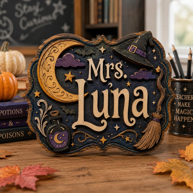Personalized Halloween Teacher Wood Sign, Custom Witch Classroom Decor