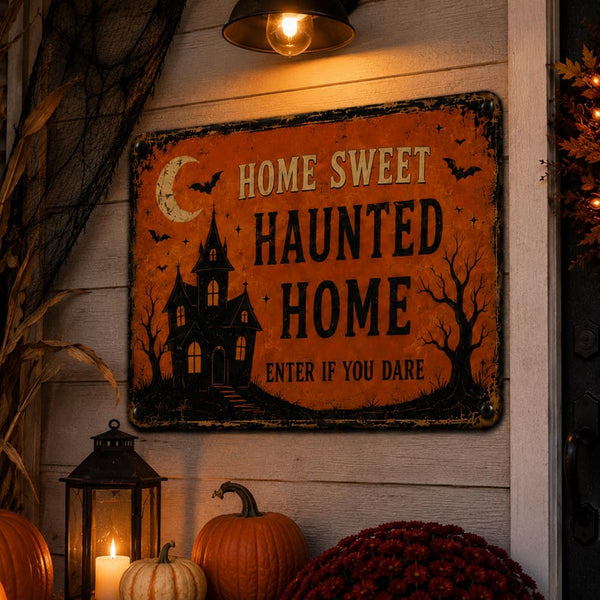 Vintage Halloween Metal Sign, Haunted House Porch Decor, Spooky Wall Art