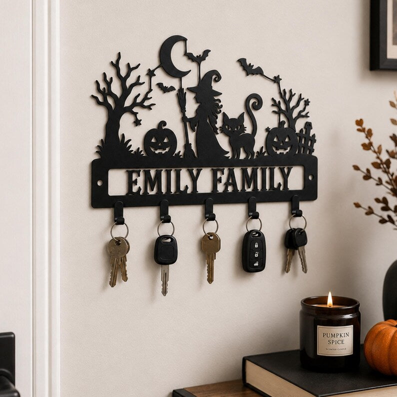 Personalized Halloween Metal Key Holder, Witch Black Cat Spooky Entryway Decor