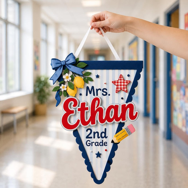 Personalized Teacher Name Door Sign, Custom Teacher Pennant Sign, Back to School Gift, Classroom Decor, Appreciation Teacher Gift