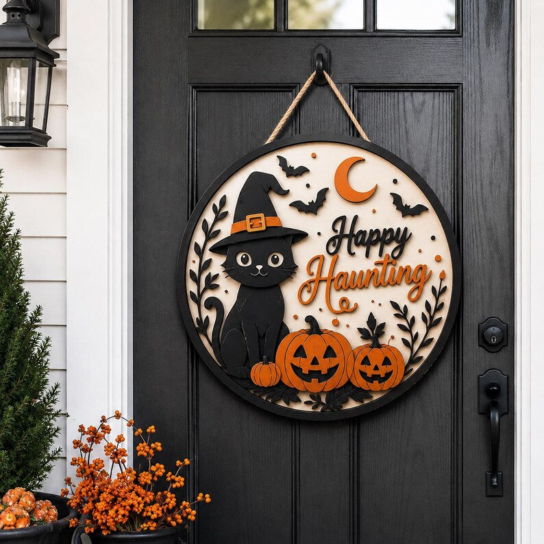 Handmade Halloween Door Sign, Black Cat Pumpkin Decor, Spooky Fall Porch Hanger