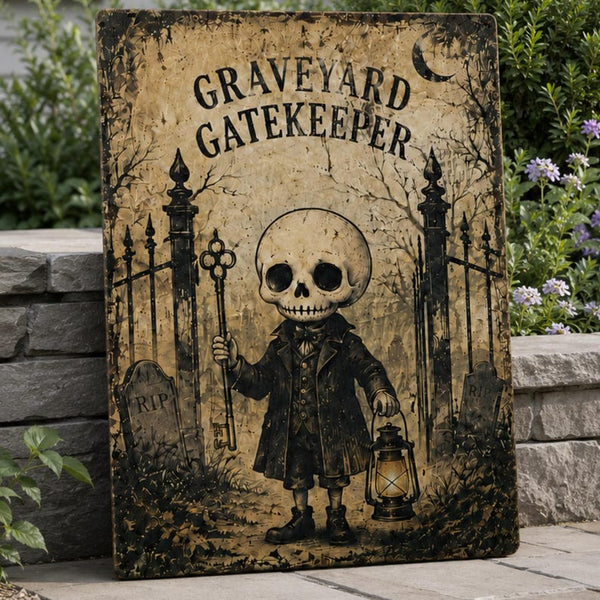 Graveyard Gatekeeper Metal Sign,Skeleton Halloween Decor, Gothic Cemetery Wall Art