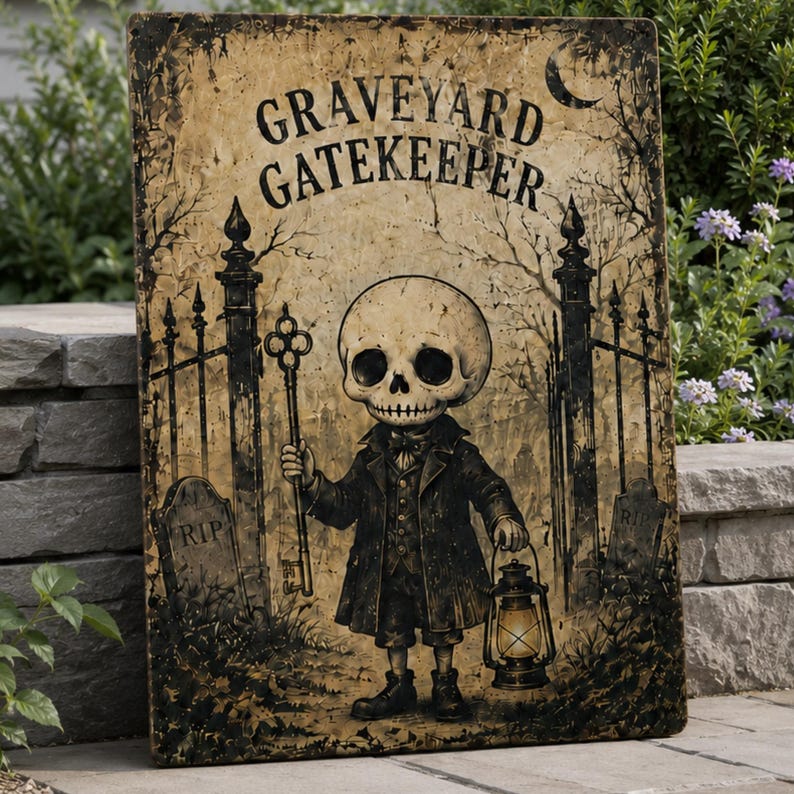 Graveyard Gatekeeper Metal Sign,Skeleton Halloween Decor, Gothic Cemetery Wall Art