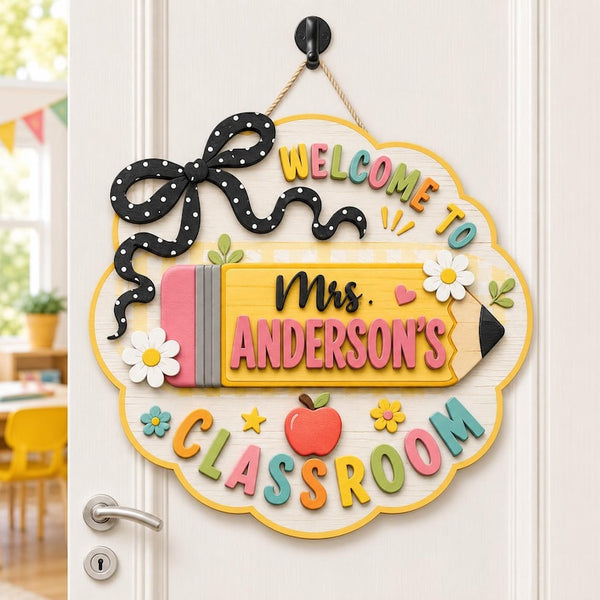 Personalized Teacher 3D Spotted Bow Door Sign, Back To School Gift, Custom Teacher Name Door Hanging, New Teacher Gift, Class Welcome Sign