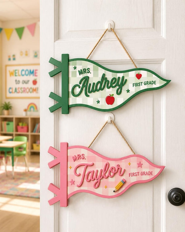 Personalized Gingham Pennant Flag Teacher Name Door Sign, Back To School Classroom Decor, 3D Teacher Welcome Sign, New Teacher Gifts