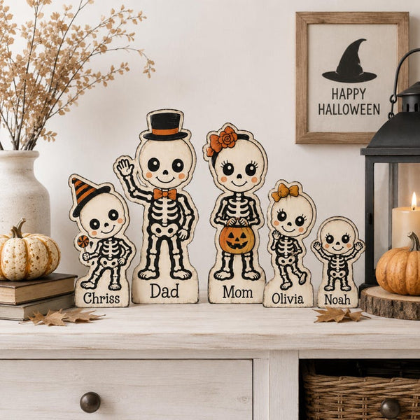 Personalized Skeleton Family Sign, Custom Halloween Wooden Decor, Spooky Tabletop Display