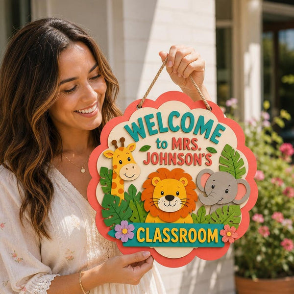 Personalized Jungle Classroom Door Sign, Safari Teacher Name Sign, Welcome to Classroom Wooden Door Hanger, Preschool Teacher Decor Gift