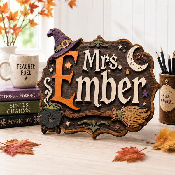 Personalized Witch Teacher Door Sign, Halloween Classroom Name Sign, Custom Wooden Teacher Sign, Witch Hat Classroom Decor Gift