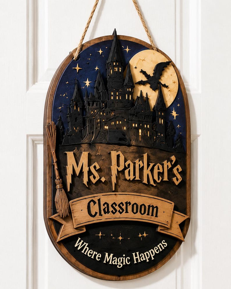 Personalized Wooden Teacher Sign, Magical Halloween Classroom Door Plaque
